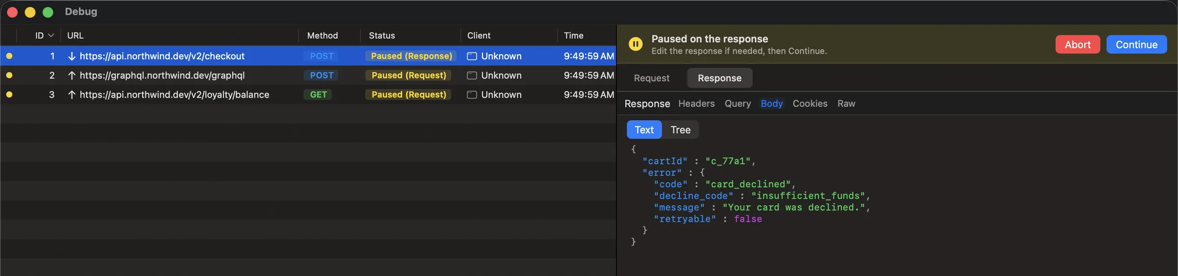 MinPin Debug Window with a checkout response paused at a breakpoint, its 402 status and JSON body ready to edit