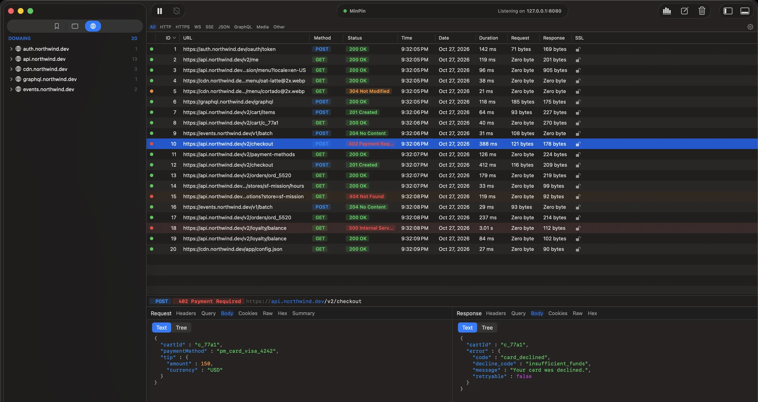 MinPin main window showing captured requests and the split Request/Response detail