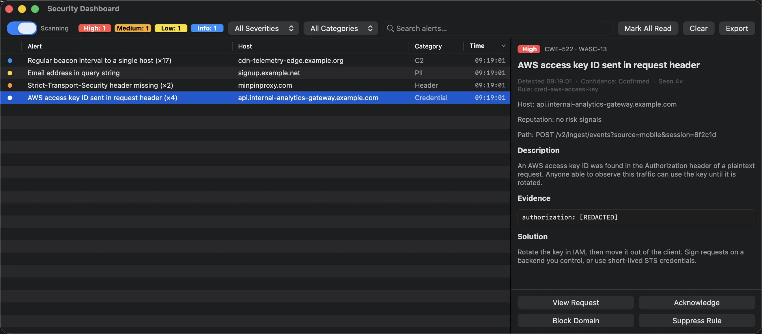 MinPin Security Mode dashboard listing findings with severity