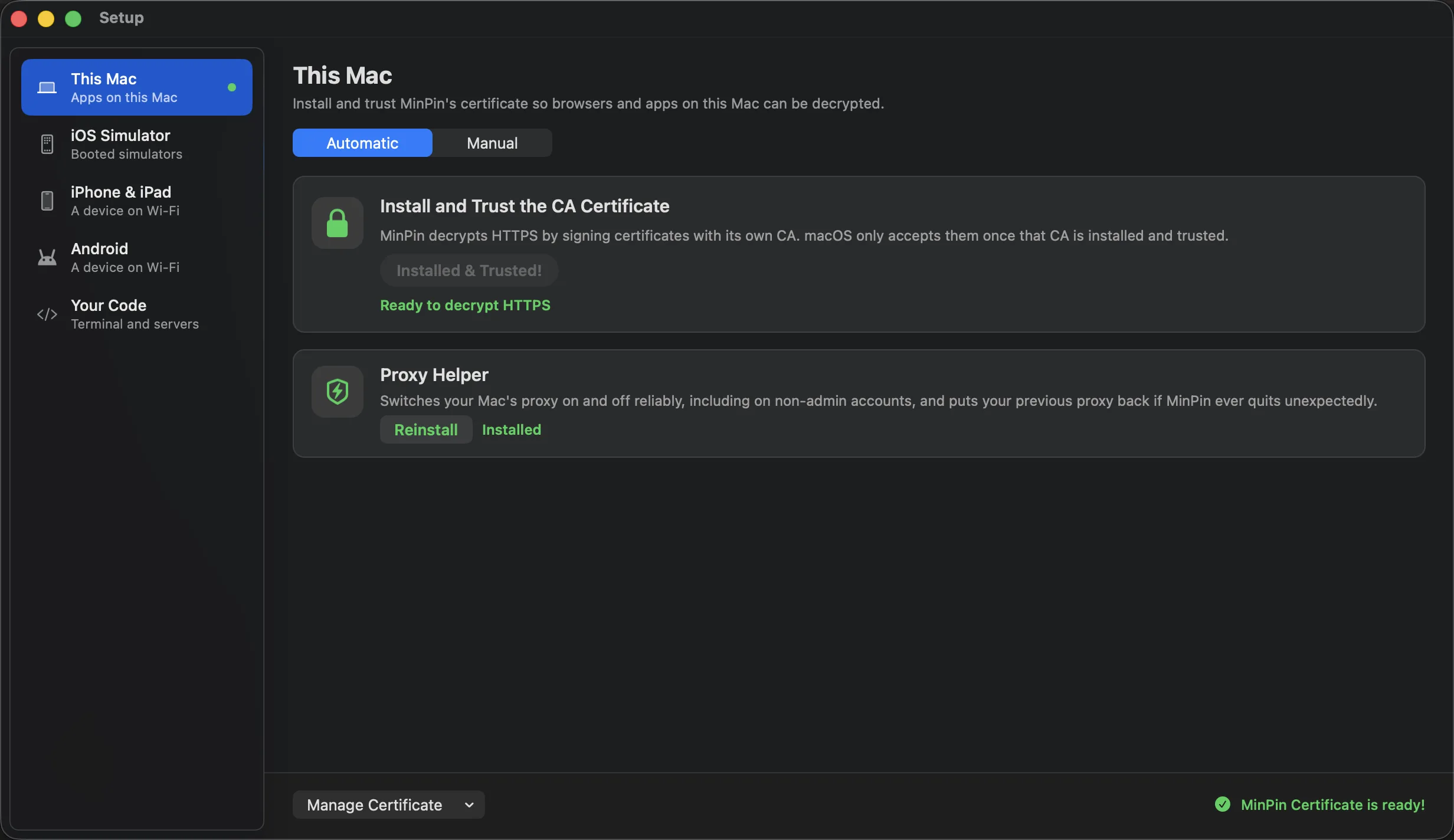 MinPin setup window, This Mac pane, with live certificate status